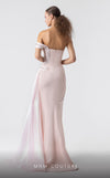 MNM Couture G1900 blush pink gown with off-shoulder silhouette and sculptural holographic draping. | Couture Shop LA