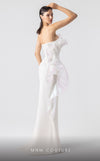 MNM Couture G1903 pearly off-white holographic gown with cascading peplum and high-slit detailing. | Couture Shop LA