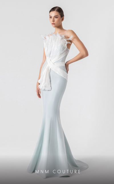 MNM Couture G1904 strapless mint blue mermaid gown with feather and holographic pleated organza detailing. | Couture Shop LA