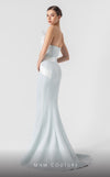 MNM Couture G1904 strapless mint blue mermaid gown with feather and holographic pleated organza detailing. | Couture Shop LA