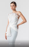 MNM Couture G1904 strapless mint blue mermaid gown with feather and holographic pleated organza detailing. | Couture Shop LA