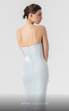MNM Couture G1904 strapless mint blue mermaid gown with feather and holographic pleated organza detailing. | Couture Shop LA