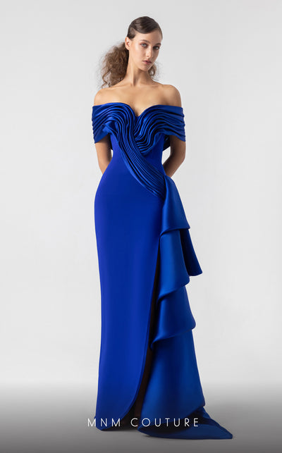 MNM Couture G1905 royal blue off-shoulder gown with cascading satin organza layers and high slit. | Couture Shop LA