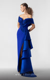 MNM Couture G1905 royal blue off-shoulder gown with cascading satin organza layers and high slit. | Couture Shop LA