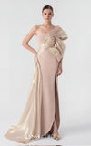 MNM Couture G1907 silver lam� gown with pleated organza and an elegant off-shoulder design. | Couture Shop LA