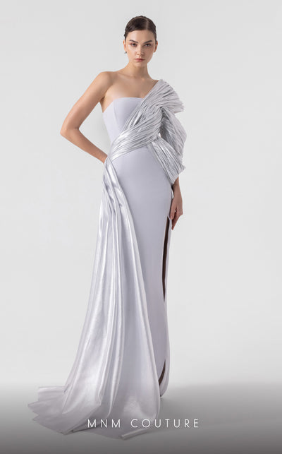 MNM Couture G1907 silver lam� gown with pleated organza and an elegant off-shoulder design. | Couture Shop LA