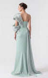 MNM Couture G1907 silver lam� gown with pleated organza and an elegant off-shoulder design. | Couture Shop LA