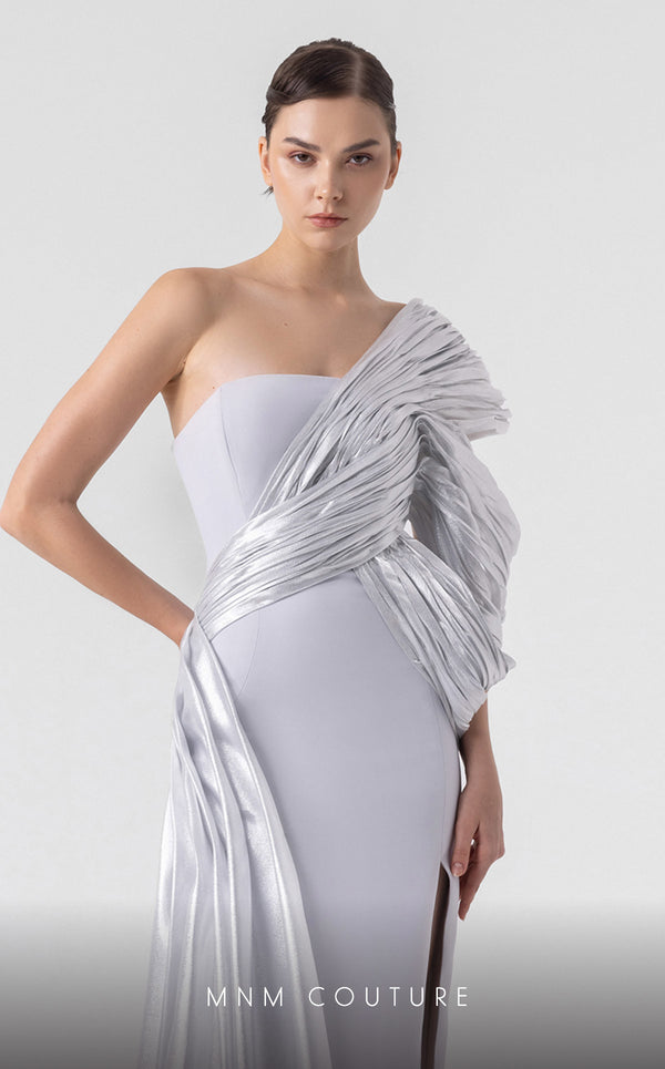 MNM Couture G1907 silver lam� gown with pleated organza and an elegant off-shoulder design. | Couture Shop LA