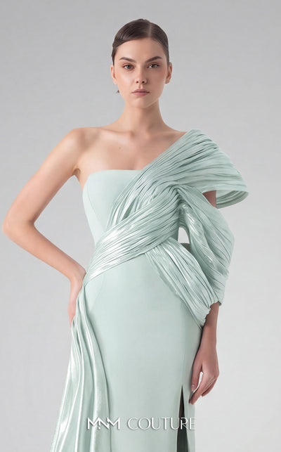 MNM Couture G1907 silver lam� gown with pleated organza and an elegant off-shoulder design. | Couture Shop LA