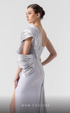 MNM Couture G1907 silver lam� gown with pleated organza and an elegant off-shoulder design. | Couture Shop LA
