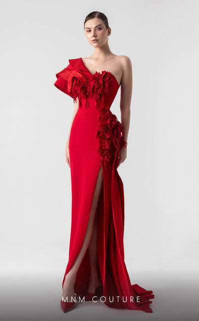 MNM Couture G1909 red satin evening gown with laser-cut appliqu�, side train, and bold one-shoulder design. | Couture Shop LA