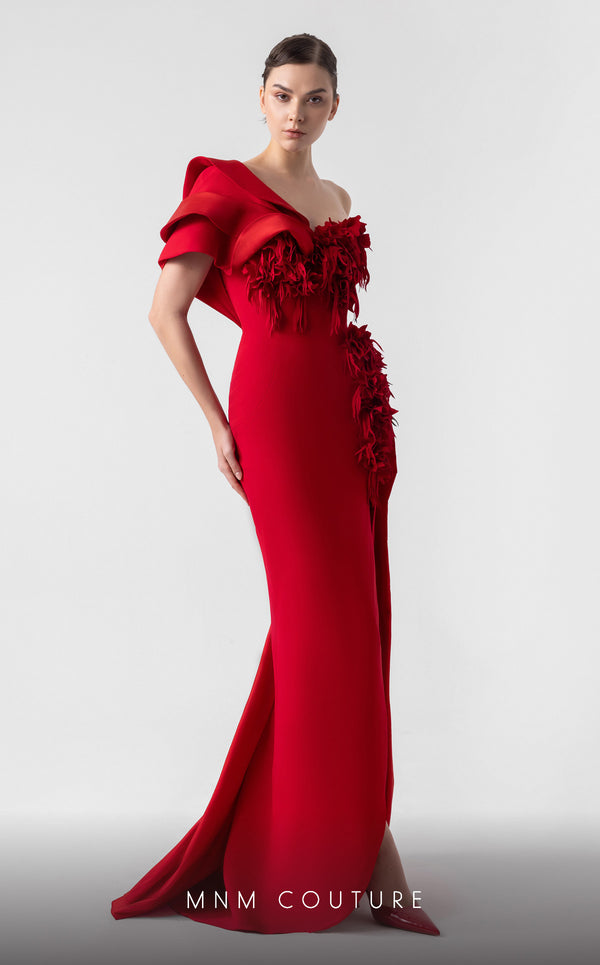 MNM Couture G1909 red satin evening gown with laser-cut appliqu�, side train, and bold one-shoulder design. | Couture Shop LA