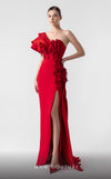 MNM Couture G1909 red satin evening gown with laser-cut appliqu�, side train, and bold one-shoulder design. | Couture Shop LA