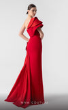 MNM Couture G1909 red satin evening gown with laser-cut appliqu�, side train, and bold one-shoulder design. | Couture Shop LA