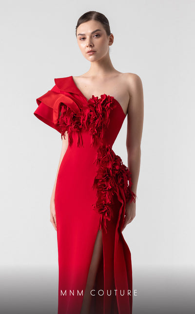 MNM Couture G1909 red satin evening gown with laser-cut appliqu�, side train, and bold one-shoulder design. | Couture Shop LA