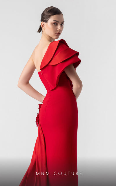 MNM Couture G1909 red satin evening gown with laser-cut appliqu�, side train, and bold one-shoulder design. | Couture Shop LA