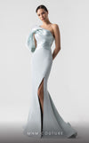 MNM Couture G1911 mint blue one-shoulder mermaid gown with metallic drapery. | Couture Shop LA