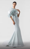 MNM Couture G1911 mint blue one-shoulder mermaid gown with metallic drapery. | Couture Shop LA