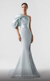 MNM Couture G1911 mint blue one-shoulder mermaid gown with metallic drapery. | Couture Shop LA