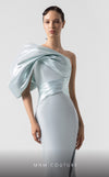 MNM Couture G1911 mint blue one-shoulder mermaid gown with metallic drapery. | Couture Shop LA