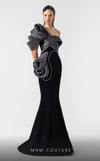 MNM Couture G1913 one-shoulder mermaid gown with silver pliss� lam� and black crepe tailoring. | Couture Shop LA