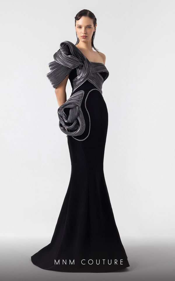 MNM Couture G1913 one-shoulder mermaid gown with silver pliss� lam� and black crepe tailoring. | Couture Shop LA