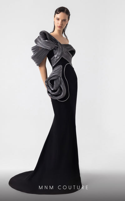 MNM Couture G1913 one-shoulder mermaid gown with silver pliss� lam� and black crepe tailoring. | Couture Shop LA