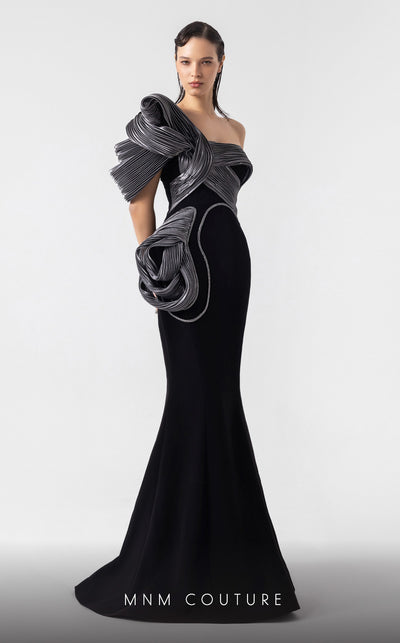 MNM Couture G1913 one-shoulder mermaid gown with silver pliss� lam� and black crepe tailoring. | Couture Shop LA