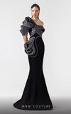 MNM Couture G1913 one-shoulder mermaid gown with silver pliss� lam� and black crepe tailoring. | Couture Shop LA