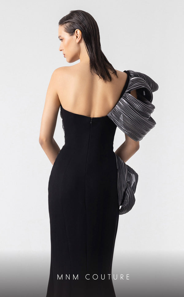 MNM Couture G1913 one-shoulder mermaid gown with silver pliss� lam� and black crepe tailoring. | Couture Shop LA