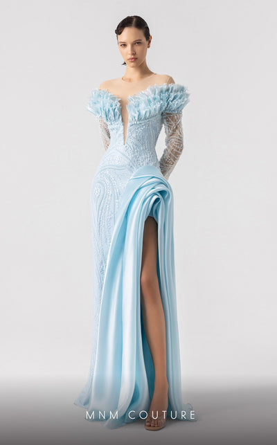 MNM Couture G1915 ice-blue lace gown with deep V neckline and intricate frilled embellishments. | Couture Shop LA