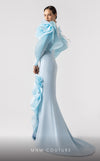 MNM Couture G1915 ice-blue lace gown with deep V neckline and intricate frilled embellishments. | Couture Shop LA