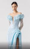 MNM Couture G1915 ice-blue lace gown with deep V neckline and intricate frilled embellishments. | Couture Shop LA