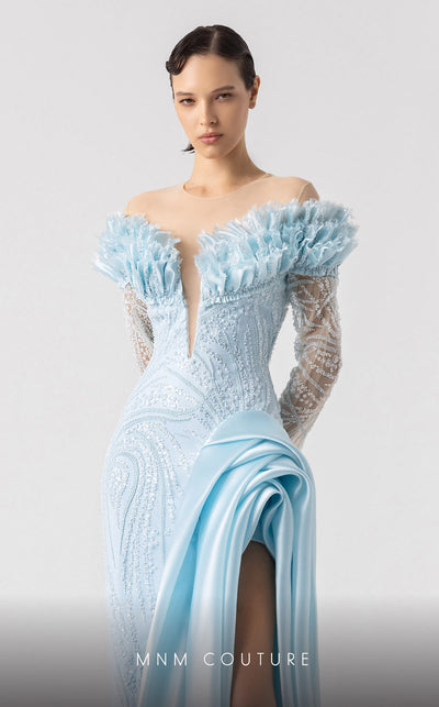 MNM Couture G1915 ice-blue lace gown with deep V neckline and intricate frilled embellishments. | Couture Shop LA