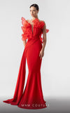 MNM Couture G1917 red mermaid gown with a plunging V-bodice and bold ruffled details. | Couture Shop LA