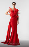 MNM Couture G1917 red mermaid gown with a plunging V-bodice and bold ruffled details. | Couture Shop LA