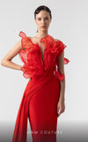 MNM Couture G1917 red mermaid gown with a plunging V-bodice and bold ruffled details. | Couture Shop LA