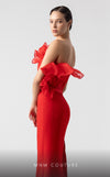 MNM Couture G1917 red mermaid gown with a plunging V-bodice and bold ruffled details. | Couture Shop LA