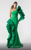 MNM Couture G1918 emerald green mermaid gown with bold one-sleeve ruffle detailing. | Couture Shop LA