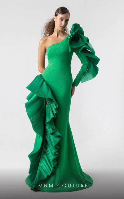 MNM Couture G1918 emerald green mermaid gown with bold one-sleeve ruffle detailing. | Couture Shop LA