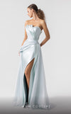 MNM Couture G1923 mint metallic evening gown with folded asymmetrical bodice and elegant column skirt. | Couture Shop LA