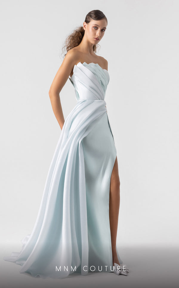 MNM Couture G1923 mint metallic evening gown with folded asymmetrical bodice and elegant column skirt. | Couture Shop LA