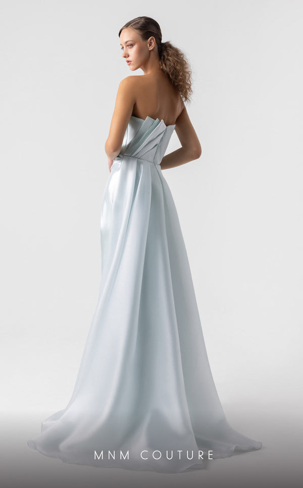 MNM Couture G1923 mint metallic evening gown with folded asymmetrical bodice and elegant column skirt. | Couture Shop LA