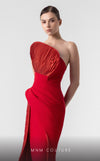 MNM Couture G1924 red evening gown with sculptural 3D pleats and dramatic silhouette. | Couture Shop LA