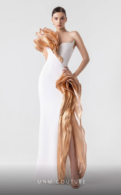 MNM Couture G1925 bronze evening gown with cascading bust design and elegant silhouette. | Couture Shop LA