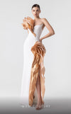 MNM Couture G1925 bronze evening gown with cascading bust design and elegant silhouette. | Couture Shop LA