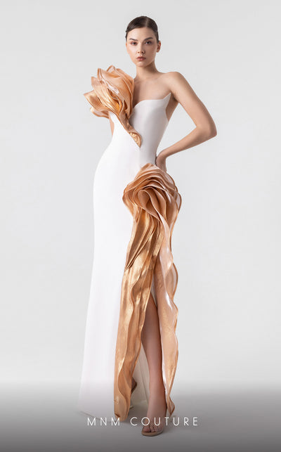 MNM Couture G1925 bronze evening gown with cascading bust design and elegant silhouette. | Couture Shop LA