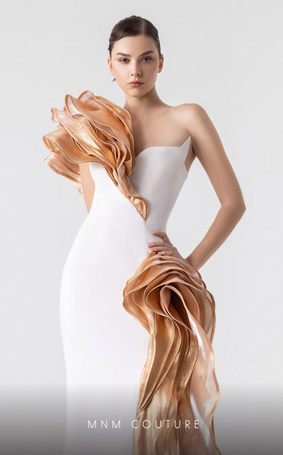 MNM Couture G1925 bronze evening gown with cascading bust design and elegant silhouette. | Couture Shop LA