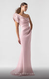 MNM Couture G1926 pink one-shoulder gown with cap sleeve and intricate embellishments. | Couture Shop LA