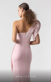 MNM Couture G1926 pink one-shoulder gown with cap sleeve and intricate embellishments. | Couture Shop LA